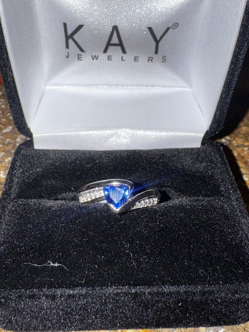 Kay Jewelers Sterling Silver Ring with Blue Stone and Clear Accent Gems